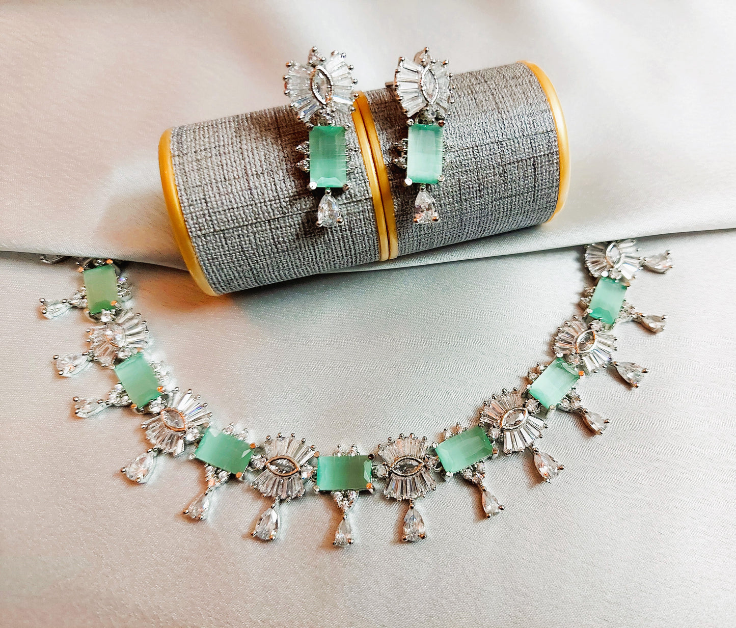 American Diamond Mint Green Necklace Set