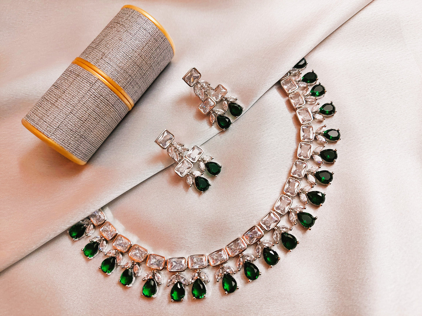 American Diamond Emerald Green Necklace Set