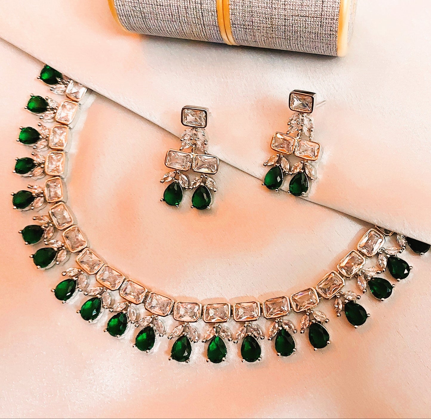 American Diamond Emerald Green Necklace Set