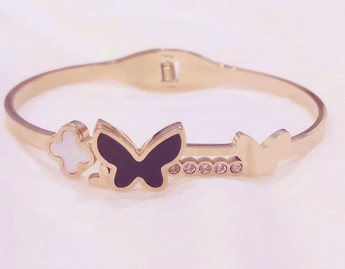 Stainless Steel 18K Gold Plated Black Butterfly Bangle Bracelet