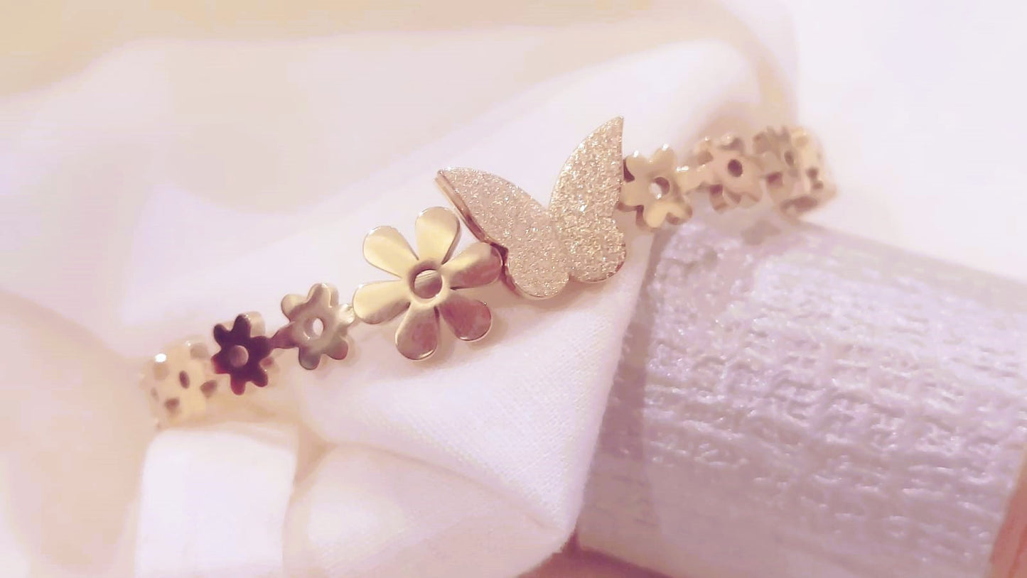 Stainless Steel 18K Gold Plated Butterfly Bangle Bracelet