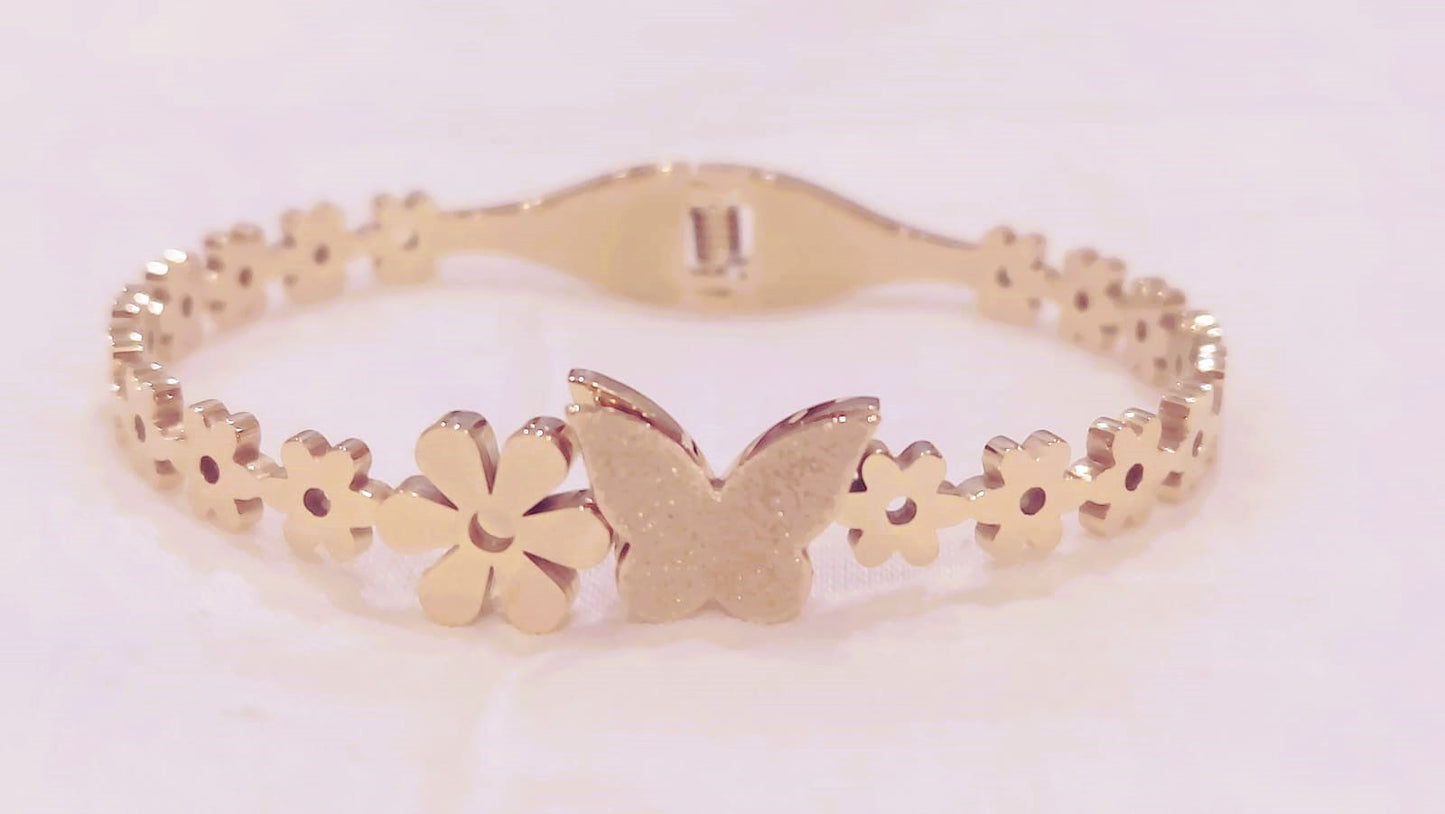 Stainless Steel 18K Gold Plated Butterfly Bangle Bracelet