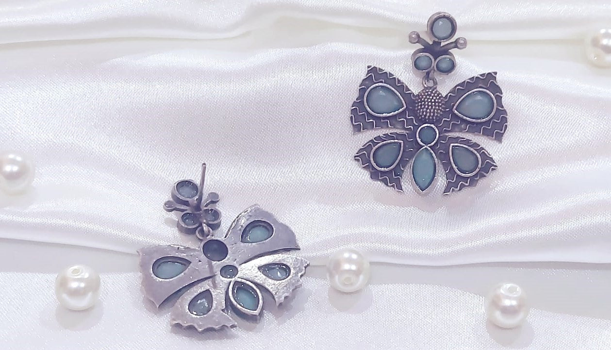 Oxidized German Silver Aqua Blue Butterfly Earrings