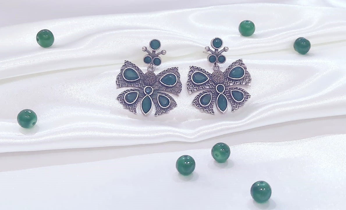 Oxidized German Silver Emerald Green Butterfly Earrings