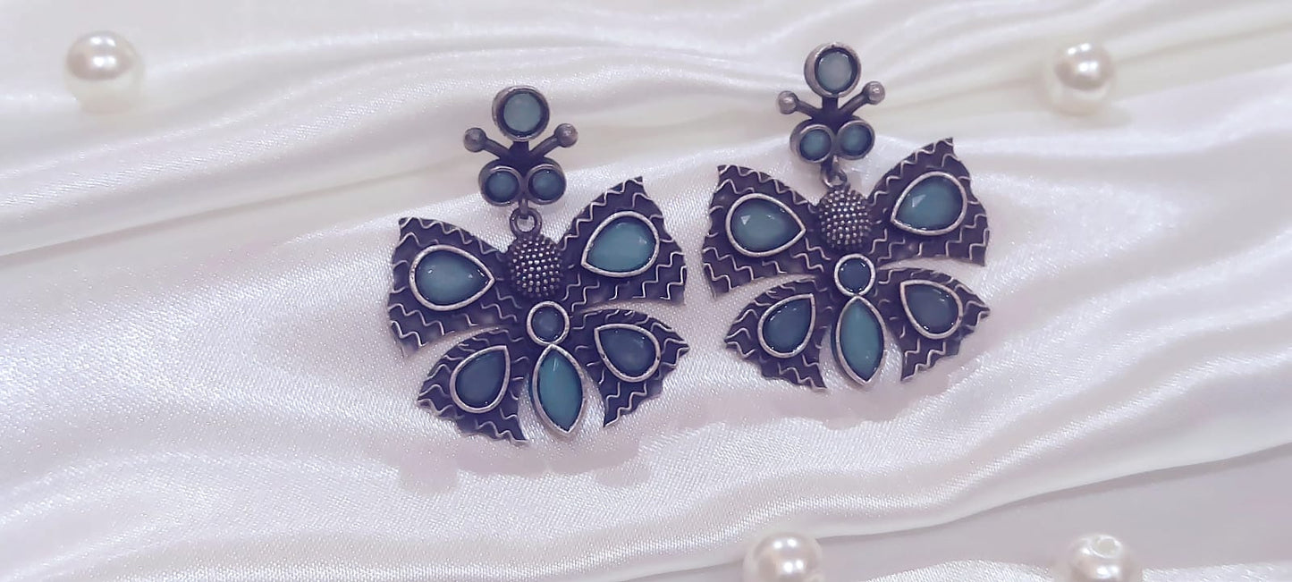 Oxidized German Silver Aqua Blue Butterfly Earrings