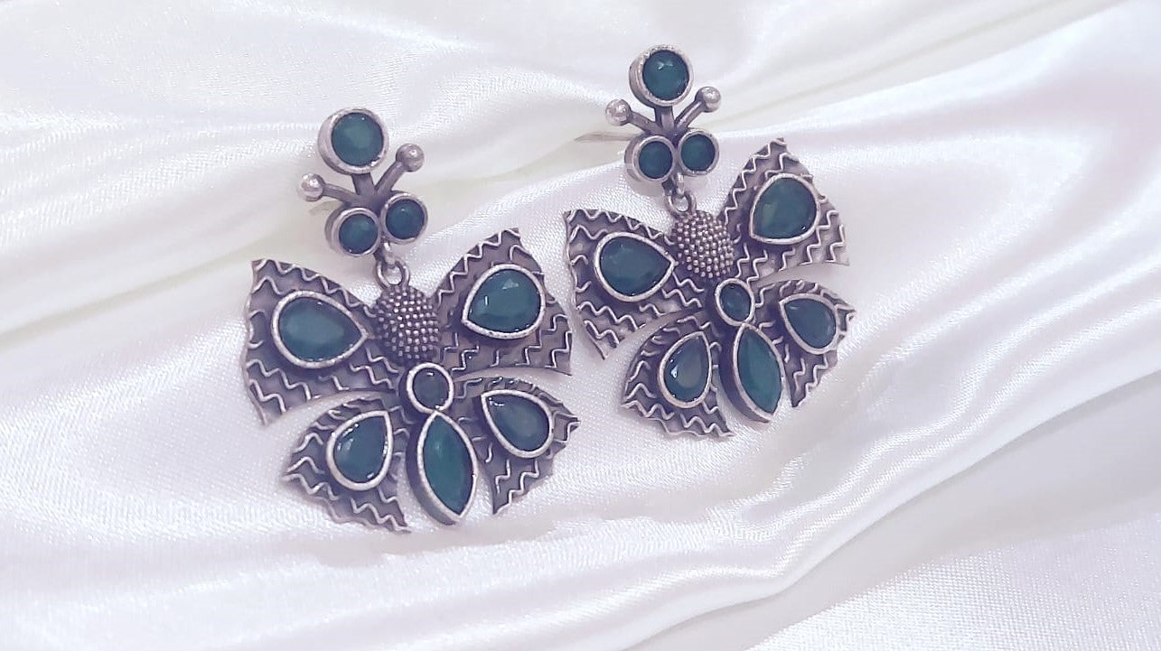 Oxidized German Silver Emerald Green Butterfly Earrings