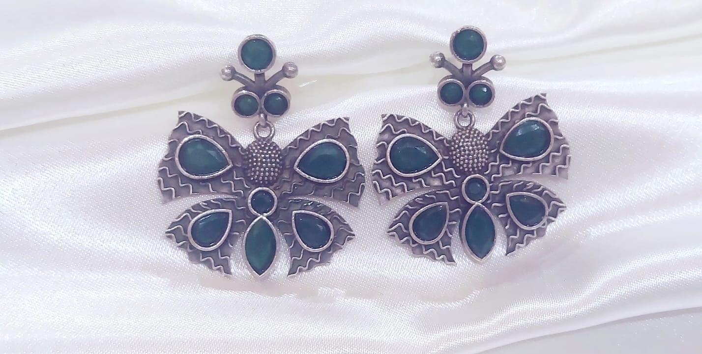 Oxidized German Silver Emerald Green Butterfly Earrings