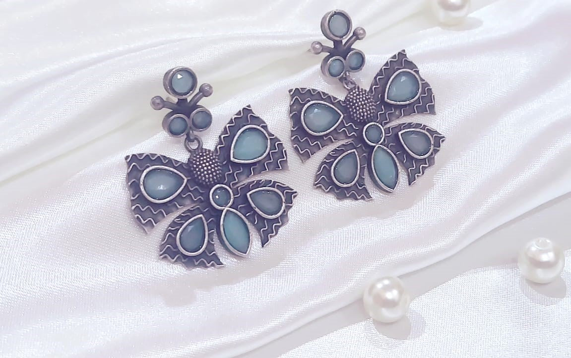 Oxidized German Silver Aqua Blue Butterfly Earrings