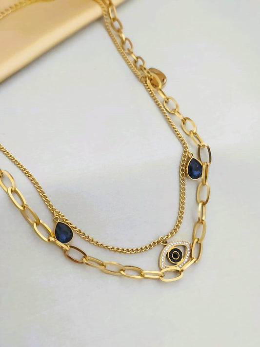 Stainless Steel 18K Gold Plated Evil Eye Layered Necklace