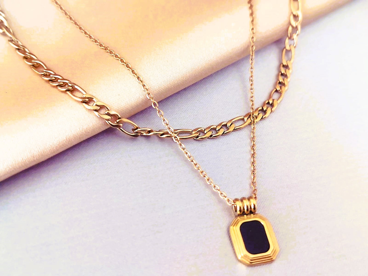 Stainless Steel 18K Gold Plated Onyx Pendant Layered Necklace