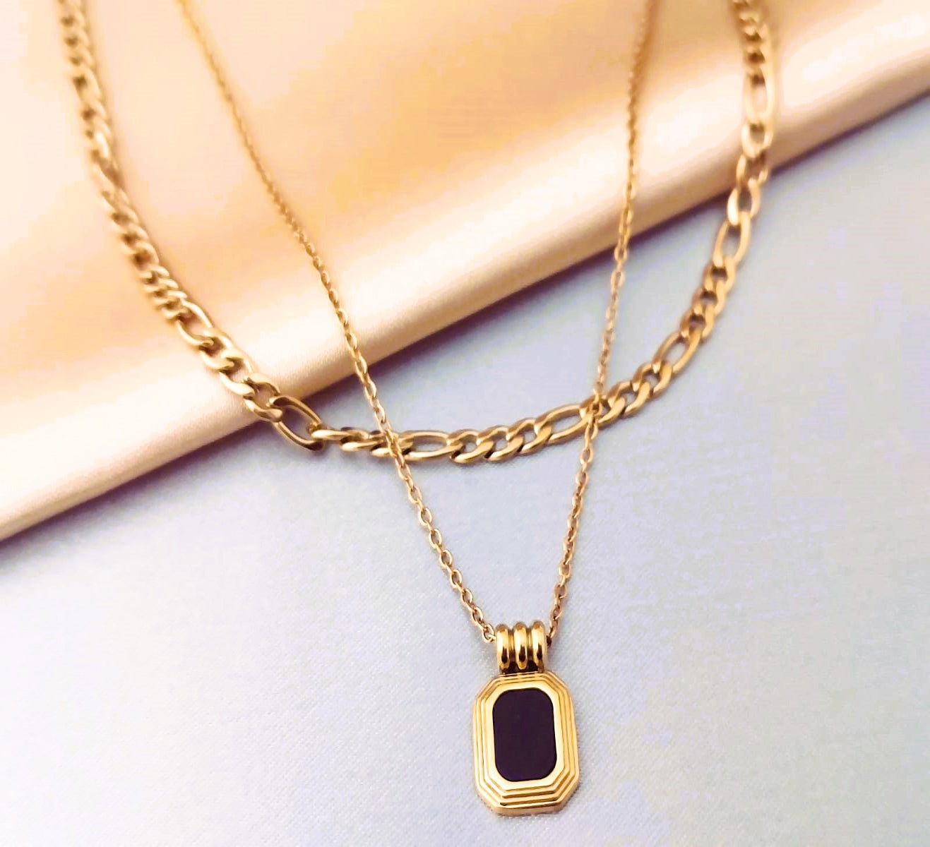 Stainless Steel 18K Gold Plated Onyx Pendant Layered Necklace